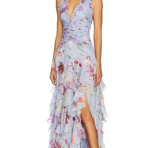 Light Blue Floral Ruffled V-Neck Maxi Dress